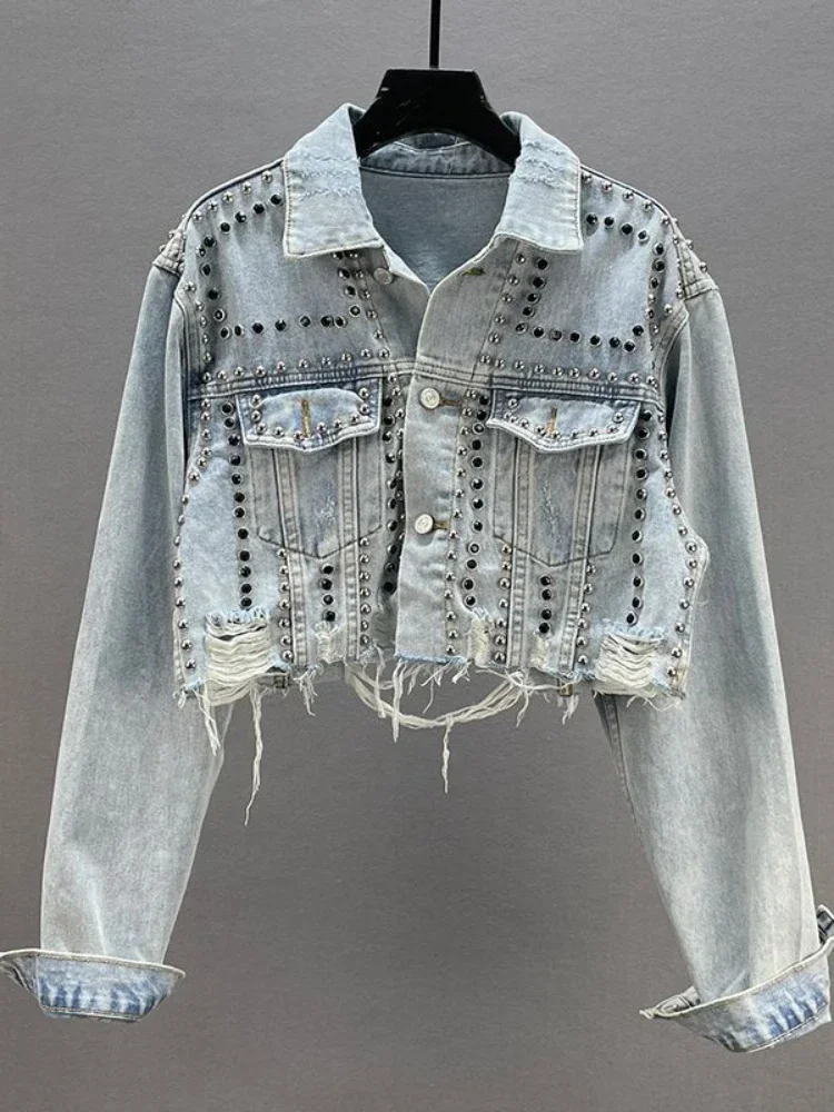 Womens Denim Jacket 2024 Spring Summer New In Heavy Industry Rivet Studded Jean Jacket Women Worn Nail Bead Jean Jacket Top