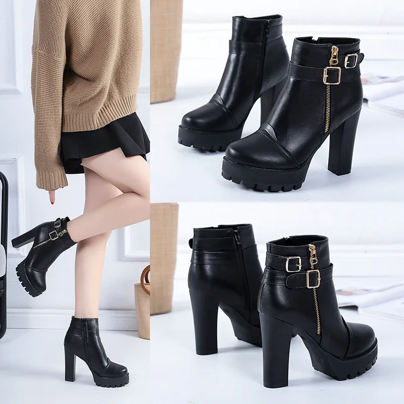 

Осенне-зимние женские ботильоны, обувь на платформе, модные женские туфли-лодочки на высоком каблуке с пряжкой на ремне, короткие ботинки на толстом каблуке с круглой головкой
