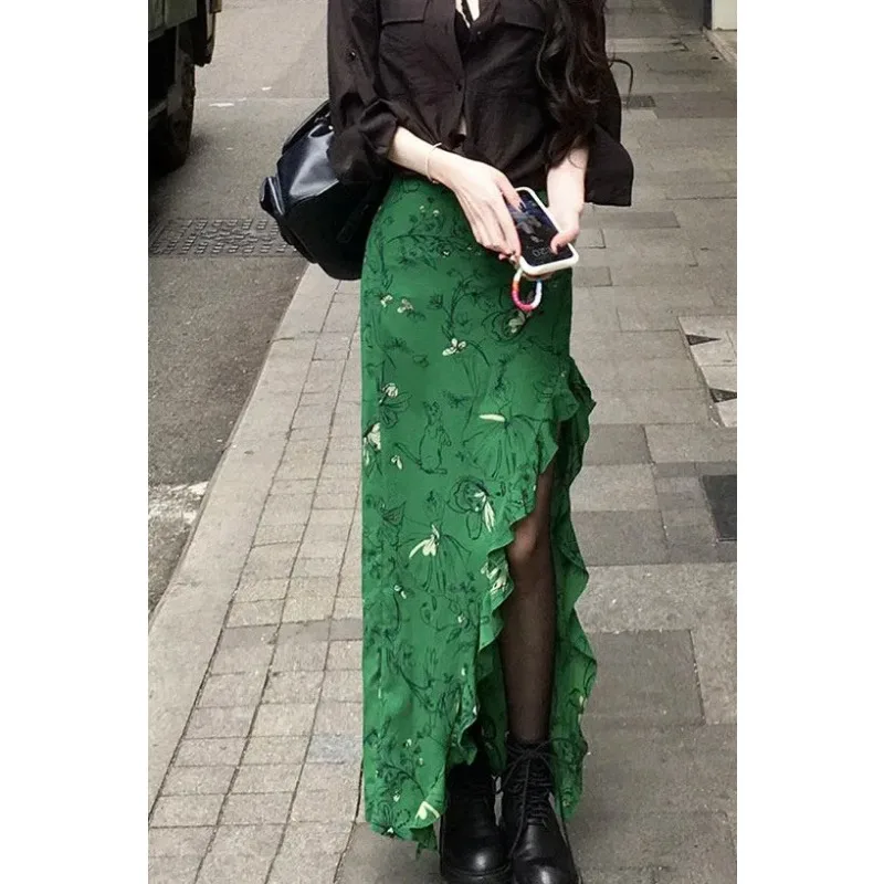 

Women's Green Floral Print High Waist Midi Skirt Ruffle Hem Slit Bodycon Skirt