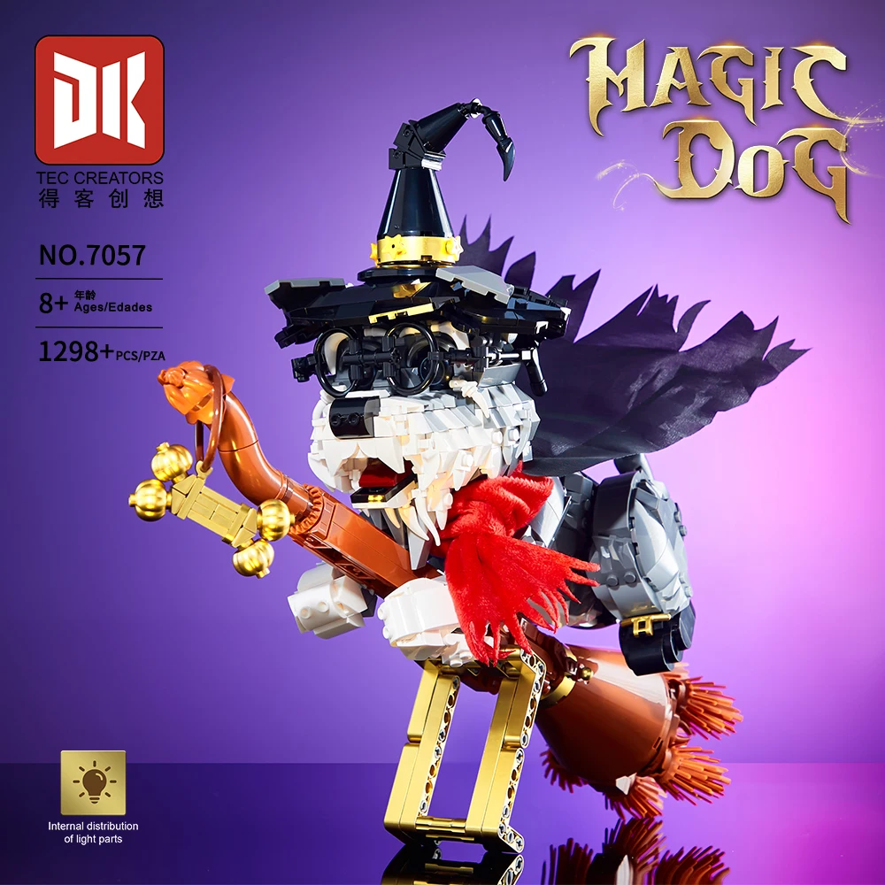 Deke 7057 Fantasy World Magic Dog Schnauzer Creative Animal Model Lighting Magic Broom Ornaments Building Blocks Toys