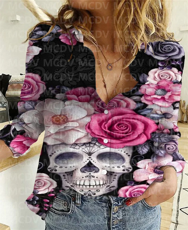 

Women Linen Shirt Skull Flowers Women Casual Shirts 3D Printed Button-down Shirt Casual Unique Streewear 9 Style