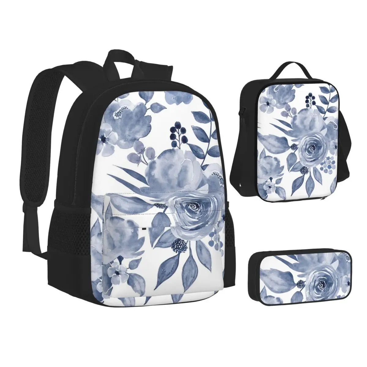 Hamptons Style Floral Design Backpacks Students Bookbag School Bags Children Rucksack Lunch Bag Pen Bag Three-Piece Set