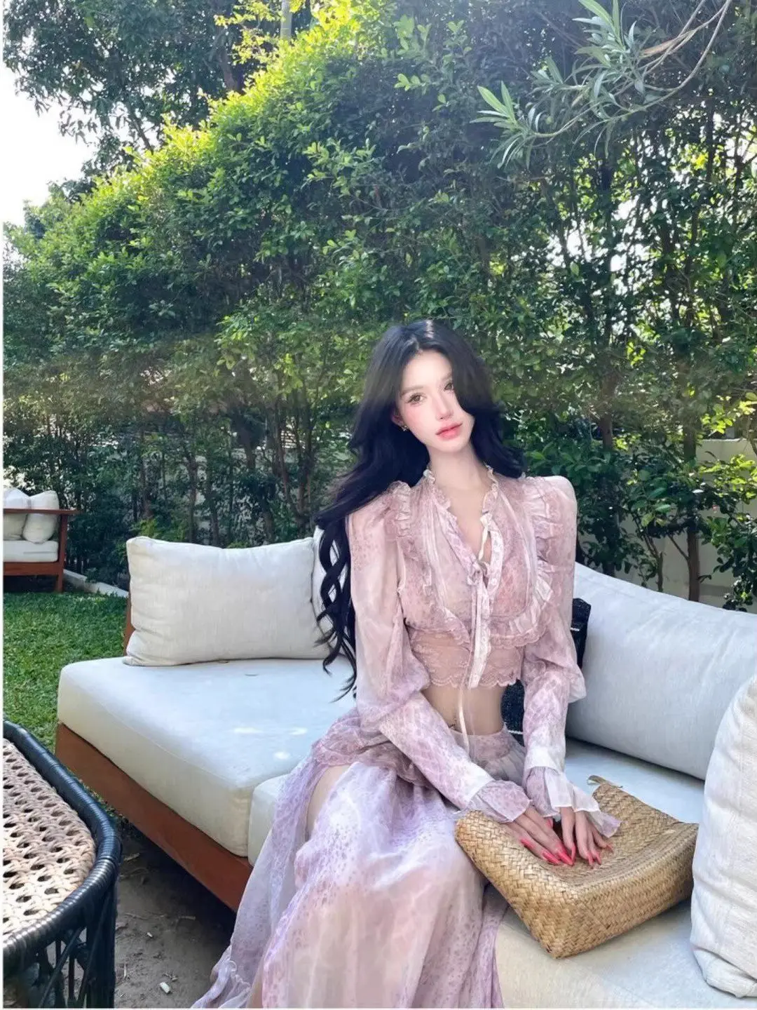 

Комплект для пляжного отдыха: шифоновый топ и юбка с цветочным принтом, женский, весна-лето, дышащий, легкий, свободный крой, V-образный вырез, короткий рукав