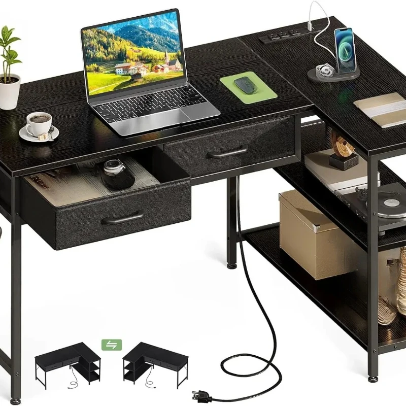 

40-дюймовый компьютерный стол L-образной формы с 2 ящиками, небольшой стол для небольших помещений, стол для домашнего офиса для пользователей ноутбуков, черный