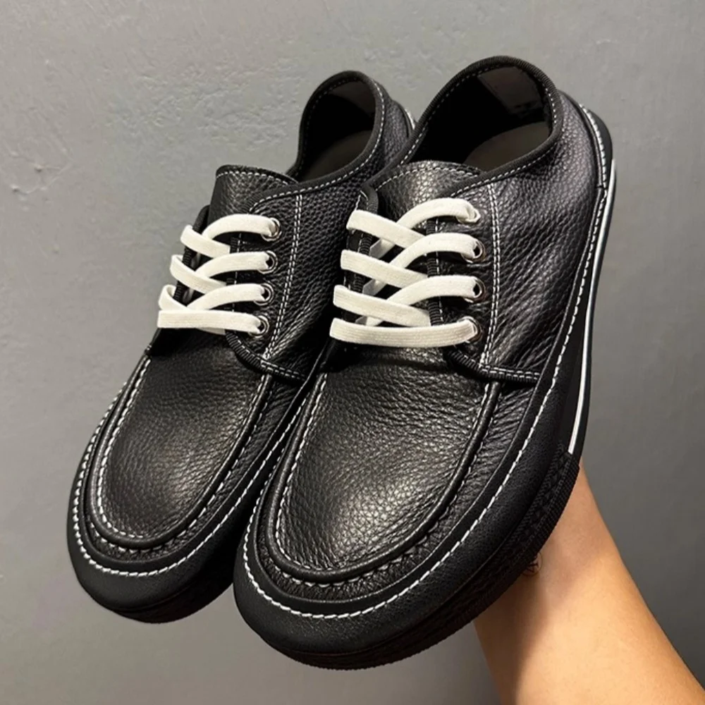 

QHCCID Men's Cowhide Business Work Shoes British Style Black Loafers Comfortable Casual Office Footwear New Style