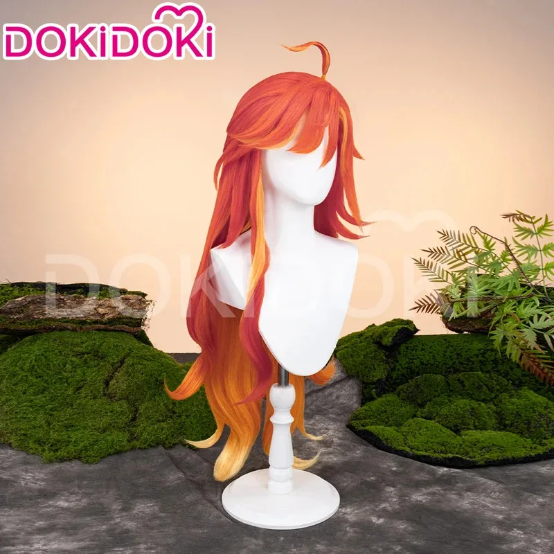 Mavuika شعر مستعار لعبة Genshin تأثير DokiDoki Pyro Archon النساء طويلة 110 سنتيمتر شعر مستعار مضيئة Natlan Mavuika نظارات الأذن كليب