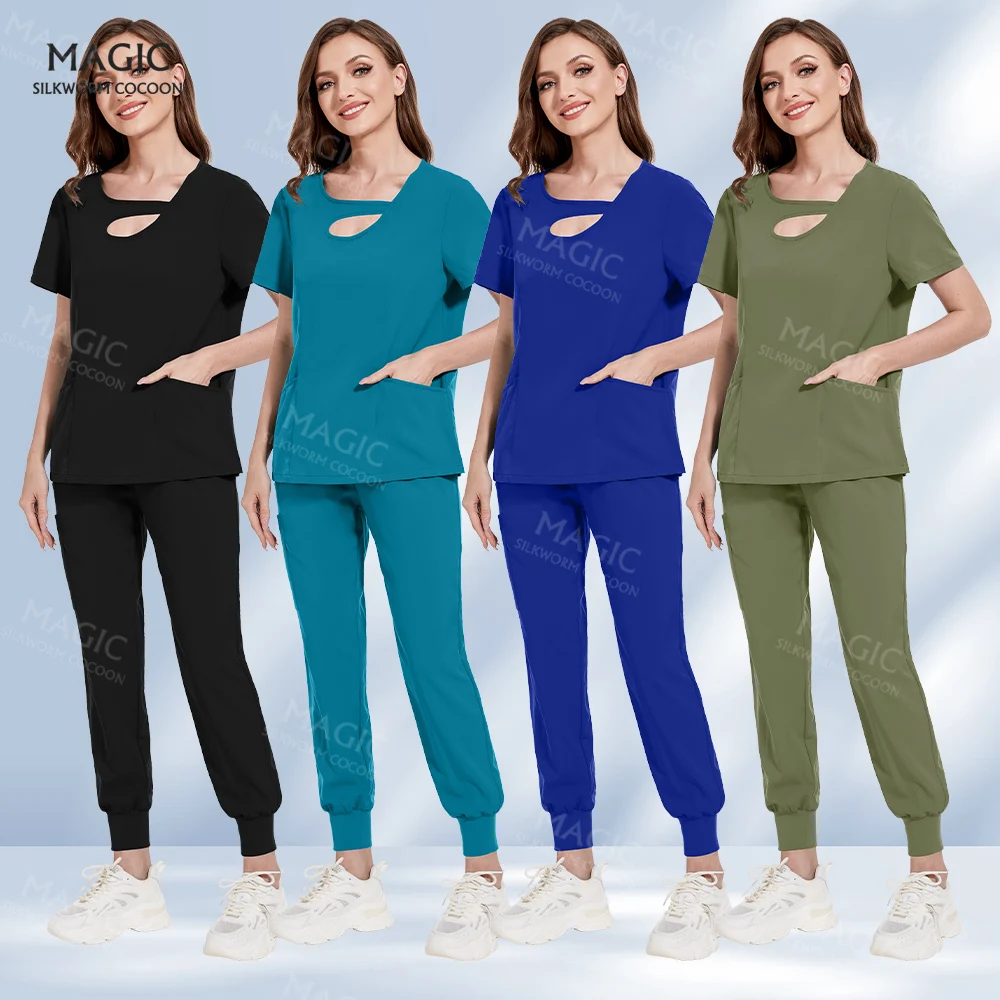 Hochwertige Peelings Tops und Hosen passen zu Unisex verwendbaren einfarbigen kurz ärmel igen Labor uniformen Tier pflege Arzt Set Großhandel