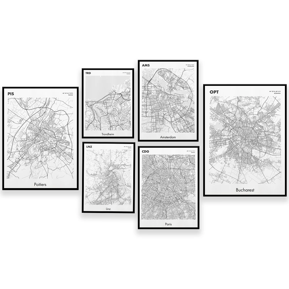 Trondheim Norway, Bucharest, Dusseldorf Germany, Poitiers France, Linz Austria, Amsterdam, France Paris street city map poster