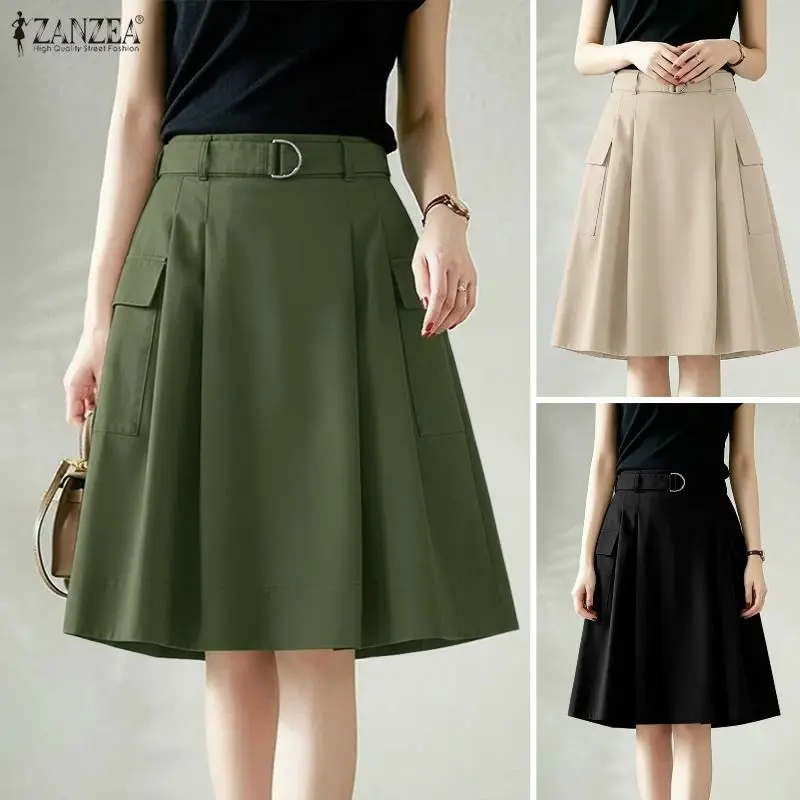 Elegant Women OL Work Skirt 2026 ZANZEA Summer Cargo Skirt Stylish Solid Belted Faldas Saia Casual A-line Knee-length Skirt