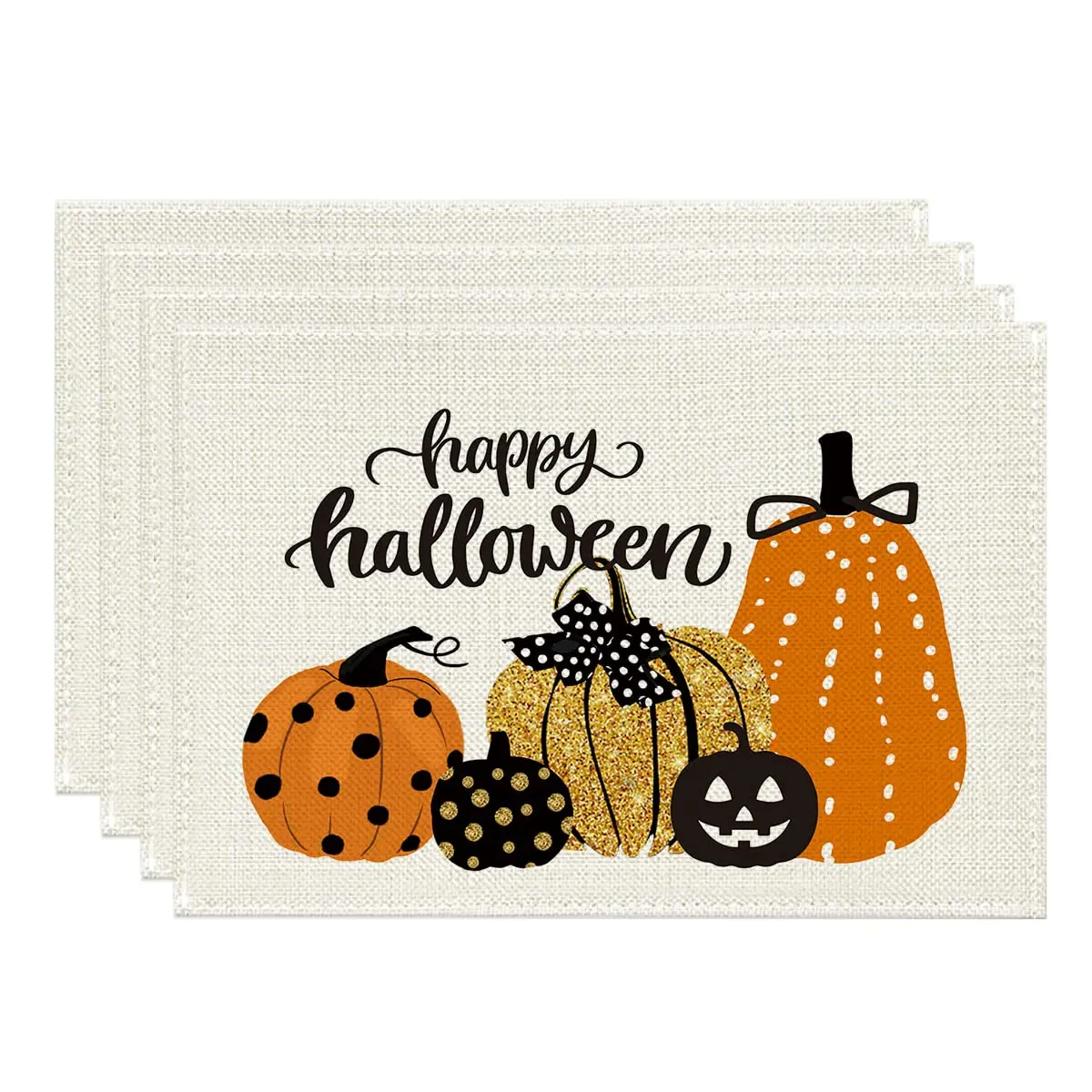 

Happy Halloween-Jack-O-Lantern Placemats for Dining Table, Holiday Pumpkins, Washable Table Mat, 12x18 Inch, Set of 4