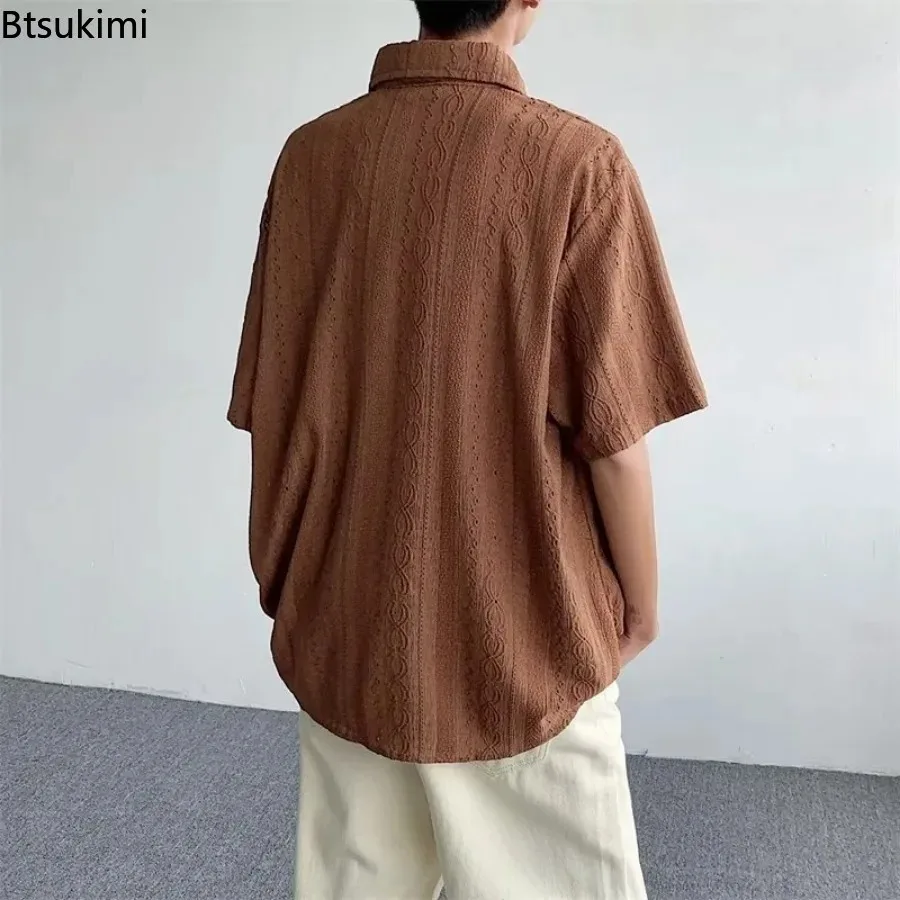 Japanese Vintage Loose Hollow Out Shirts Men's Solid Short Sleeve Draped Shirts Trend All-Match Tops Men Vacation Casual Blouses