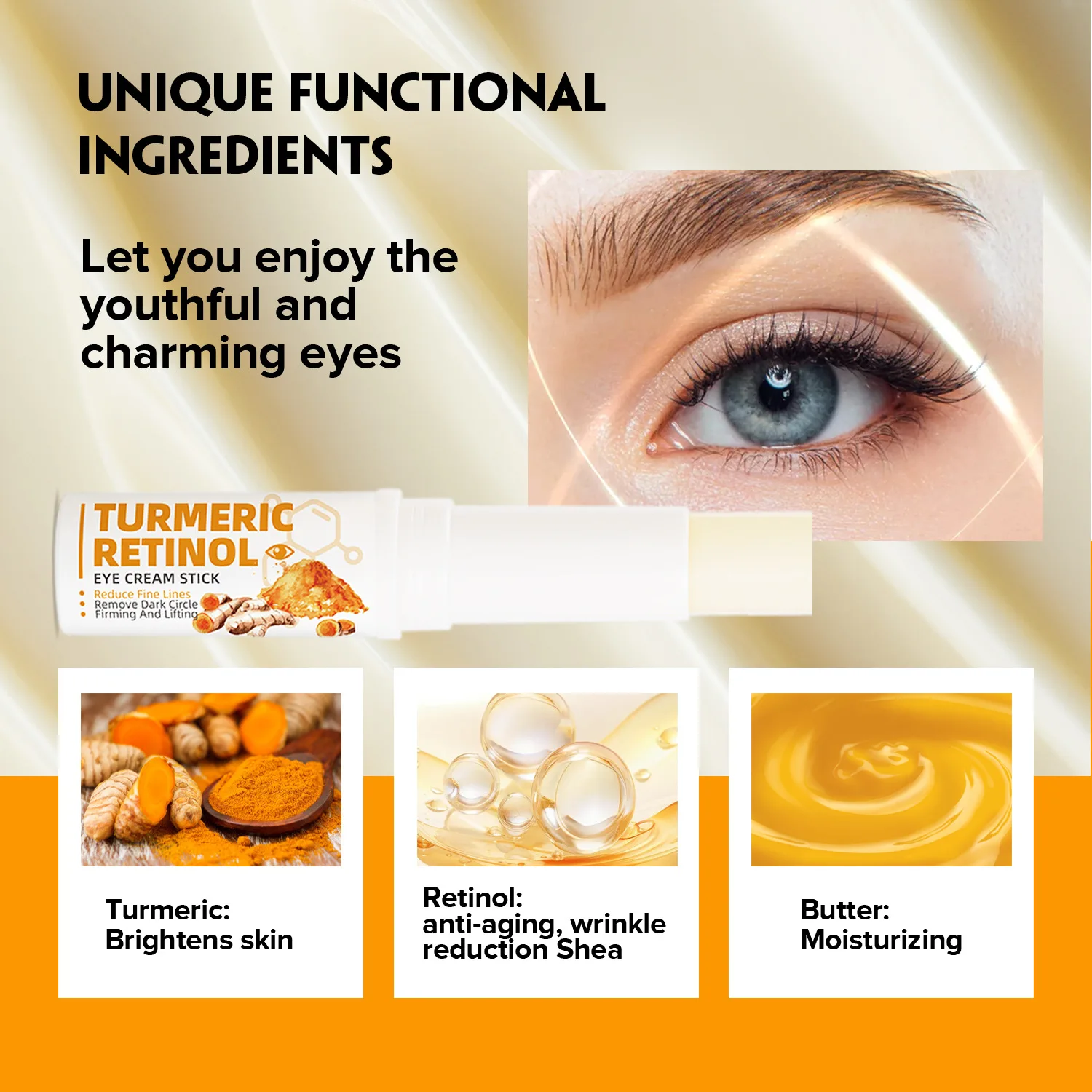 Turmeric Retinol Eye Cream Stick Fade Eye Wrinkles Lighten Dark Circles Eye Bags Deep Hydration Moisturizing Firming Lifting Eye