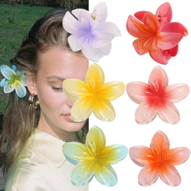 Gradient 8cm Large Flower Acrylic Hair Clip for Women Sweet Hairpins Hair Claws Crab Clamp Barrettes Hawaiian Hair Accessories