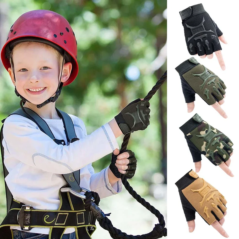 1Pair Kids Tactical Fingerless Gloves Military Camo Anti-Skid Mittens Half Finger Boys Children Sports Cycling Roller Skating