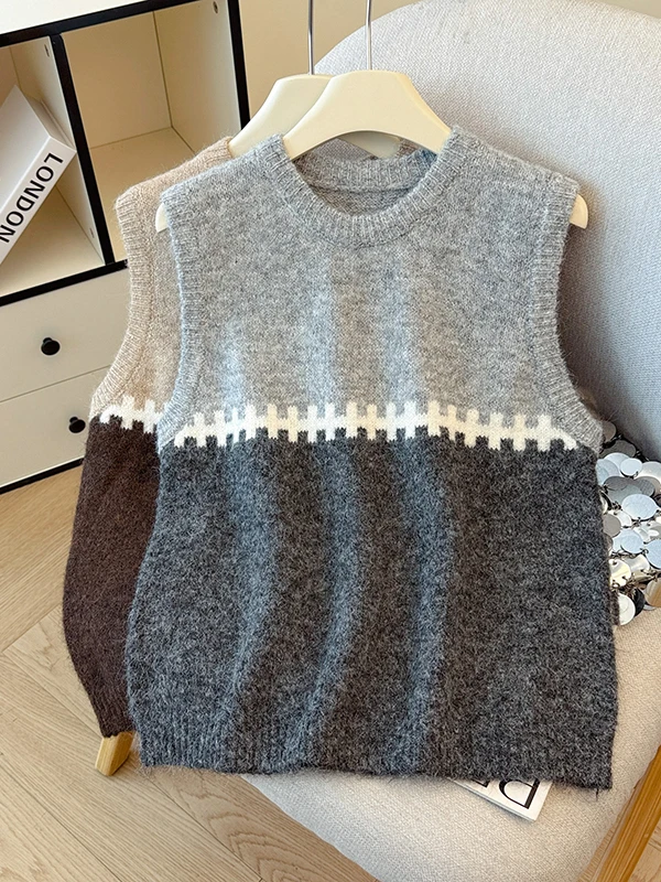 

Color Blo Wool Blend Knitted Vest Top Size plus Women's Svel round Ne Casual Layering Versatile Autumn Winter Clothes