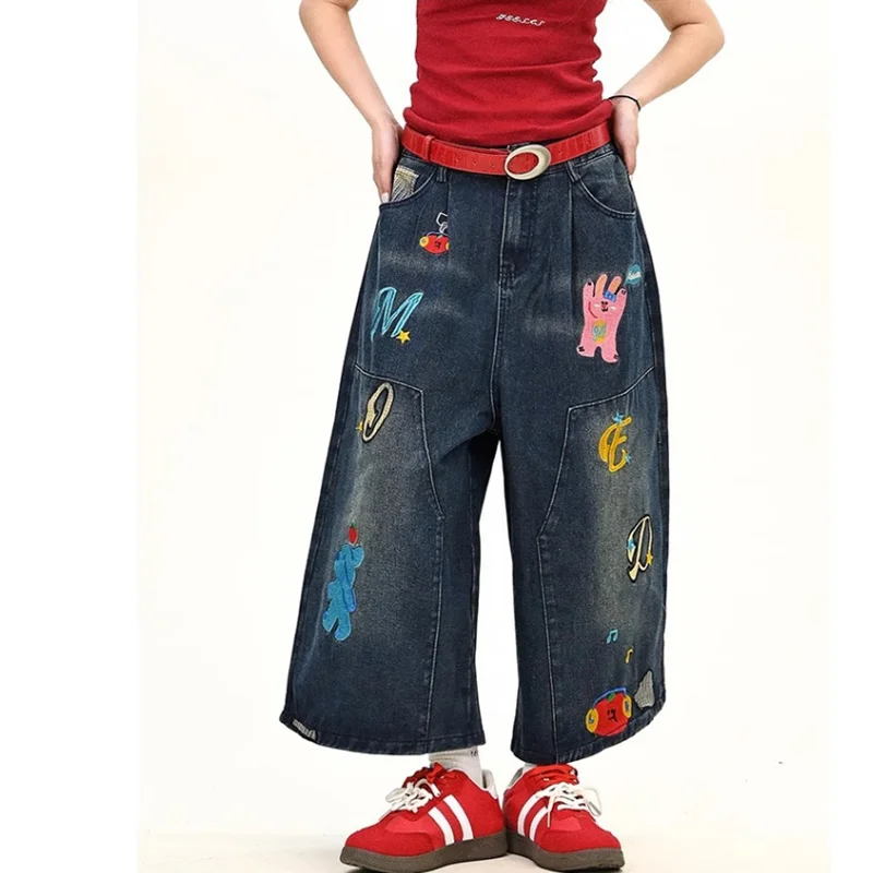 

Vintage Cartoon Embroidered Jeans Women Spring Summer Loose Wide Leg Denim Pants r46