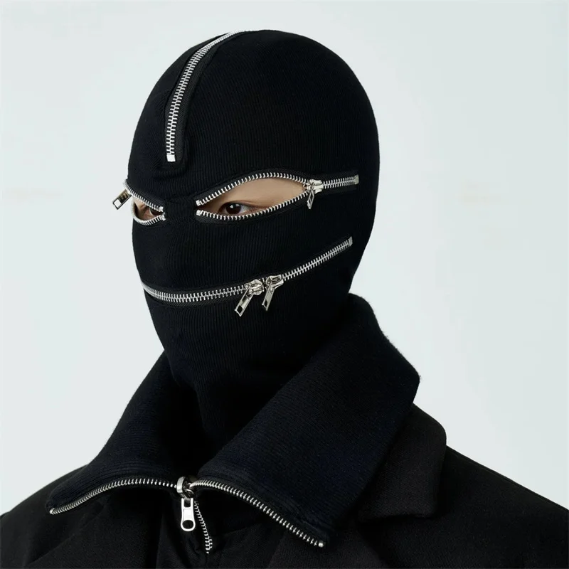 Multi-Zipper Deconstructed Gray Balaclava, Adjustable Full-Face Knit Ski Mask with Tactile Metal Zippers, Avant-Garde Streetwear