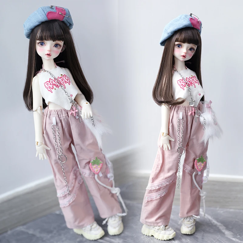 BJD doll clothes for 1/4 1/5 1/6 size cute doll clothes suspenders gray powder overalls beret doll accessories