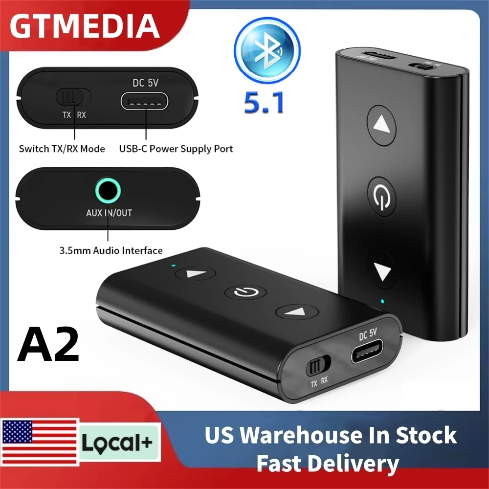 GTMEDIA A2 USB Bluetooth 5.1 Wireless Audio Adapter Transmitter Support USB U-Disk 3.5mm AUX Car TV Audio For Mic Music Receiver