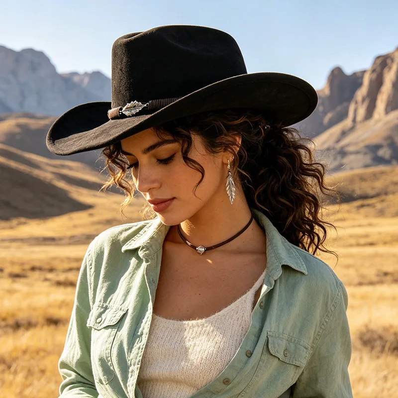 Western Cowboy Style Panama Wool Felt Hat for Women Men Outdoor Sun Protection Wide Brim Fedora
