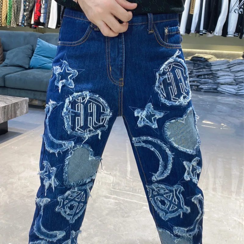 

Old Wash Water Stretch Jean Skinny Tapered Trouser Embroidered Hole Patch Jean Hombre Patch Biker Streetwear Ripped Denim Pant