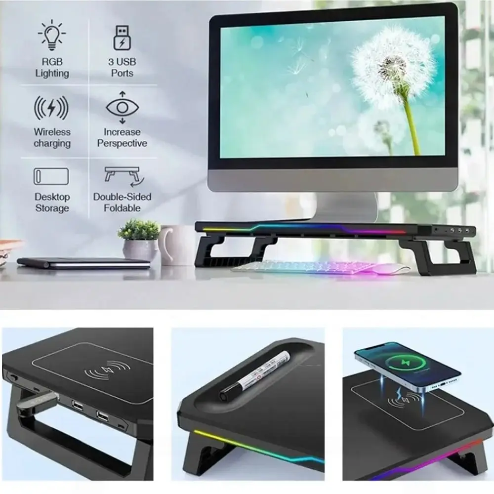 New 3 USB 2.0 Ports PC Monitor Stand Type-C Wireless Charging Laptop Monitor Holder with RGB Light Ergonomic Laptop Storage Rack