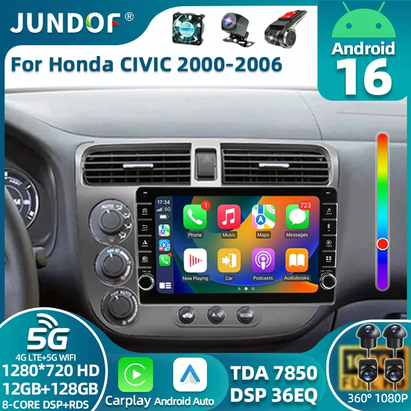 

For Honda Civic 7 2000 - 2006 Android 16 Wireless Carplay 5G WIFI GPS Head Unit Auto Multimedia Car Radios Stereo no 2din Navi