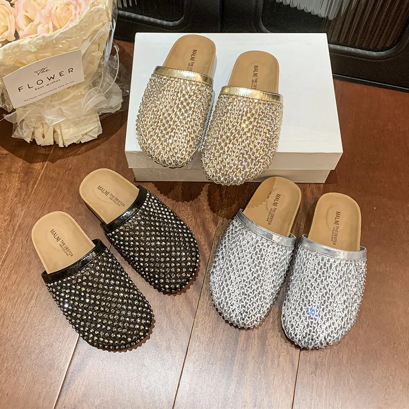 

Rhinestone Fishnet Toe-Covering Flat Slippers Summer Sandals for Women Fashion Hollow-Out Slip-On Lazy Half Mules