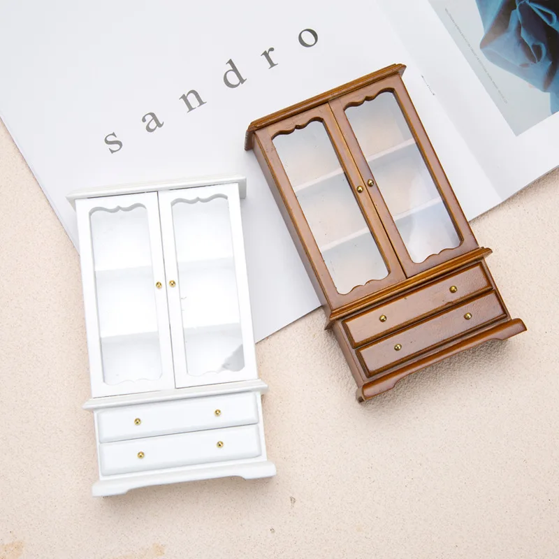 1:12 ドールハウスアクセサリー DIY シーン装飾ミニ木製リビングルーム家具 3 両開きドア本棚ディスプレイキャビネットモデル