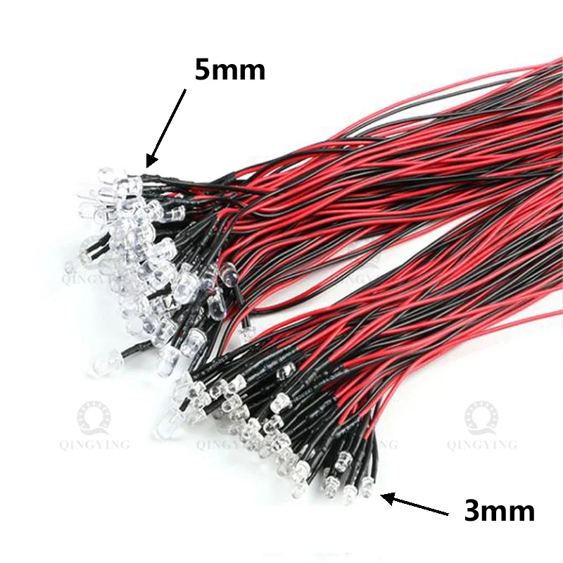 50pcs 3V 5V 12V 24V DC 3mm 5mm Water Clear LED Diodes Red/Green/Blue/Yellow/UV/Orange/Pink/Warm/White/RGB Pre-Wired 20cm Cable