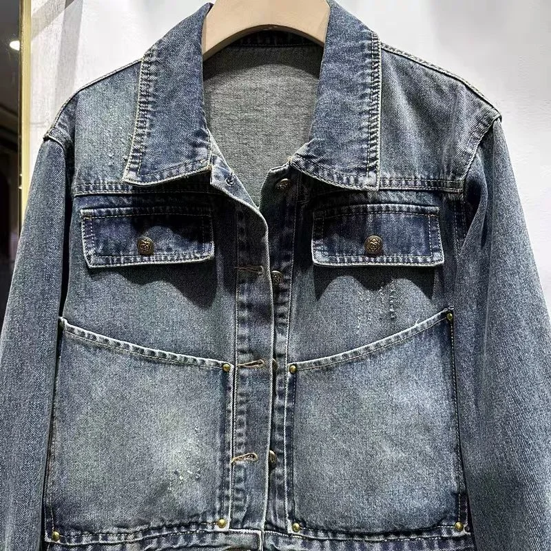 Langärmelige Street-Fashion-Kurzjacke für Damen, 2025, Herbst, neues Design, gewaschene Jeansjacke