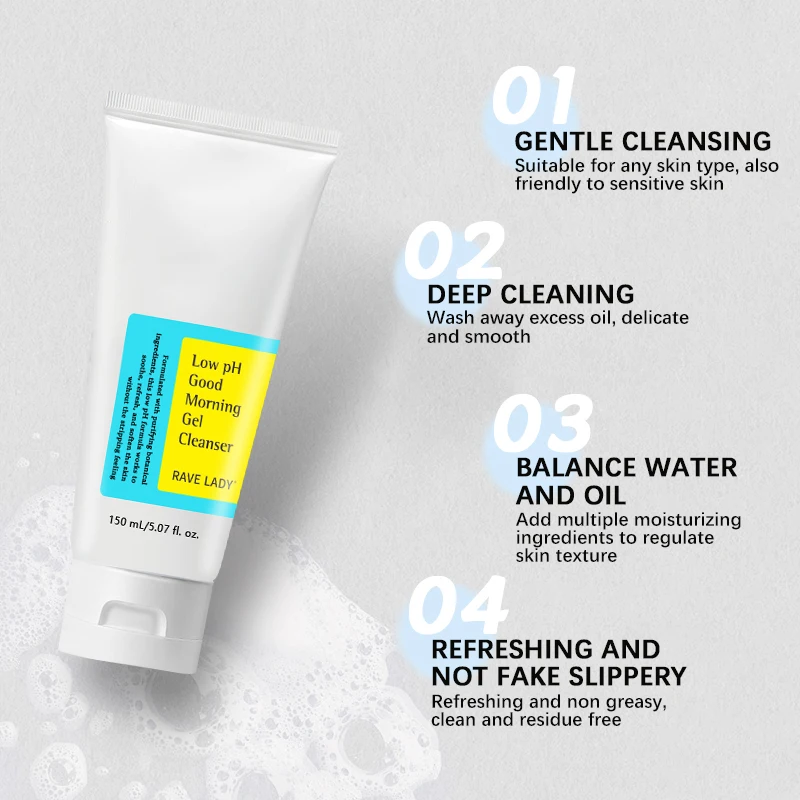RAVE LADY Low PH 150ml Facial Cleanser Gentle Oil Control Moisturizing Face Wash Whitening Facial Foam Exfoliating Deep Remove