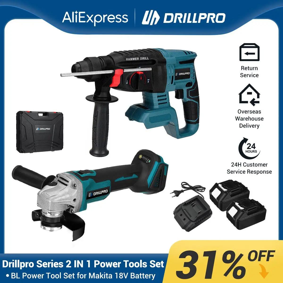 

Driillpro 125mm Brushless Angle Grinder Electric Hammer Drill With 2 Battery Power Tools Sets Compatible with Makita 18V Battery