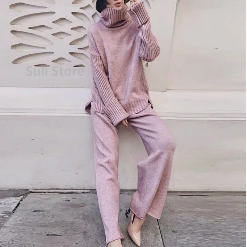 Sweater Set Warm suit for Women Winter Knitted Suits 2 Piece Set Soild Turtleneck Sweater + Loose Trousers Office Lady Suit