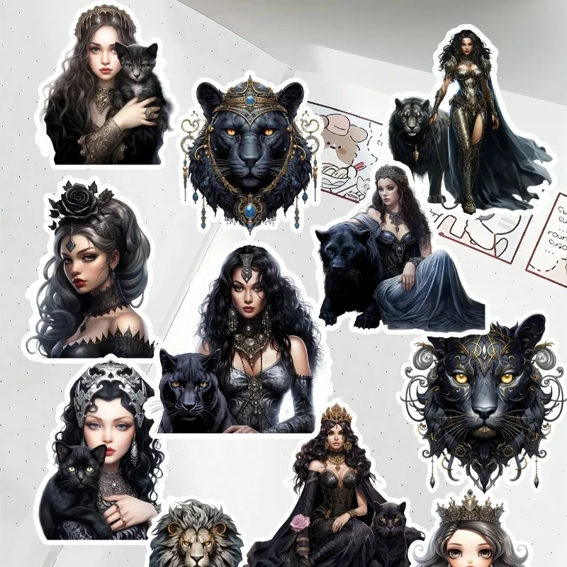 16pcs Watercolor Gothic black panther black cat  girl Stickers DIY Diary Decoration  Album Style Stationery journal supplies