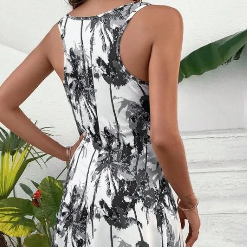 Elegant Bohemian Print Sleeveless Dress Women's High Waist A-Line Summer Casual Dress Floral Pattern Polyester Fabric