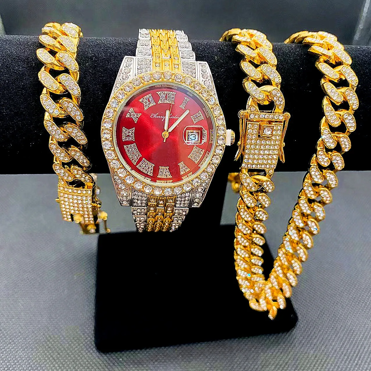 Full Iced Out Watches Mens Gold Cuban Link Chains Bracelet Necklace Choker Bling Fashion Jewelry for Men Hip Hop Men Watch Set