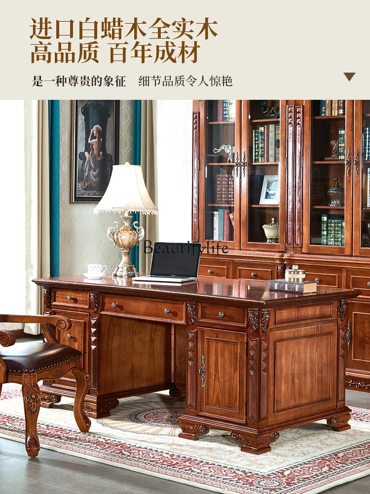 American-Style Solid Wood Boss Computer Desk Office Desk and Chair Combination European Luxury