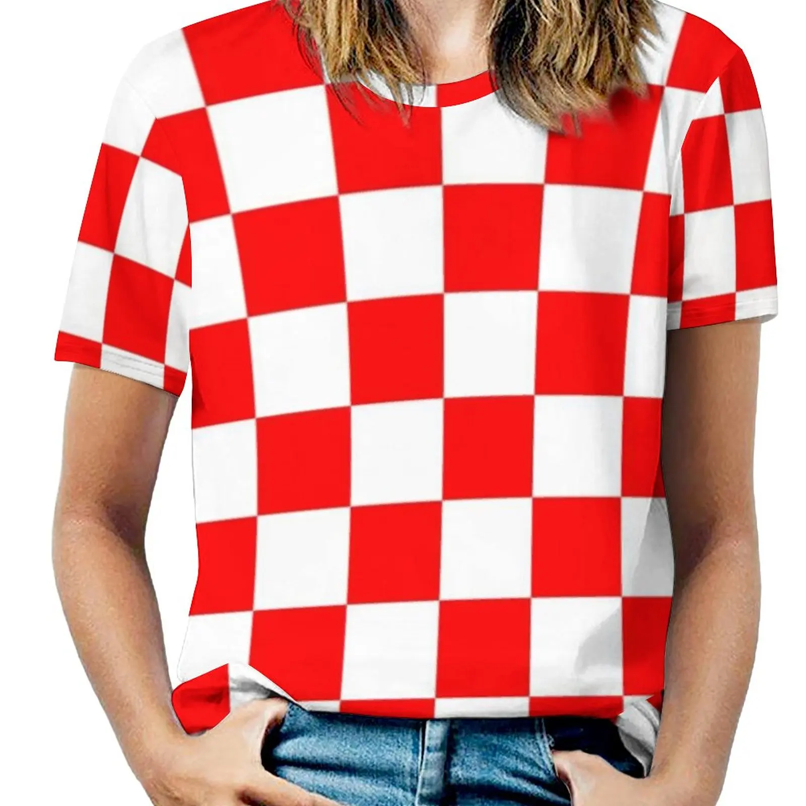 Croatian Checkerboard T-Shirts Red White Square Street Fashion Oversized T Shirt Short-Sleeve Women Kawaii Tshirt Print Top Tees