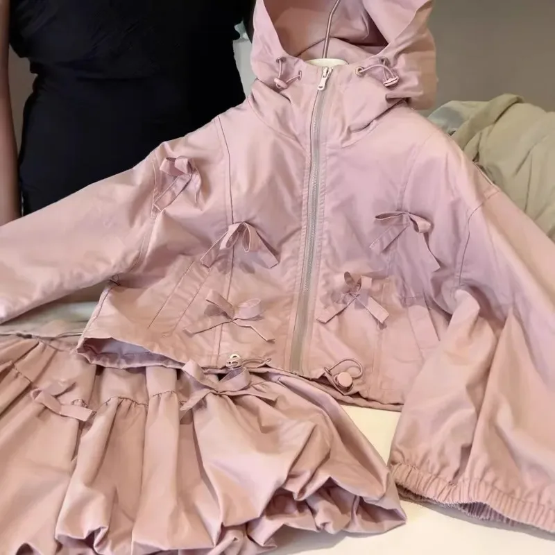 

Childrens Sets Girl Autumn New Fashion Hooded Tops Children Clothing Bow Loose Coat Bud Skirt Two Pieces 2025 Bows