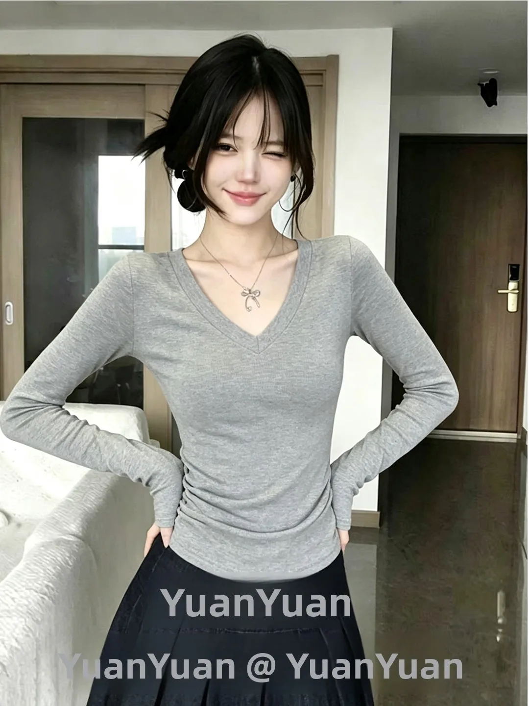 Women's V-Neck Long Sleeve Knitted Top Gray Base Layer Shirt Inner Wear Commute Outfit Casual Style Standard Fit Knitted Poly...