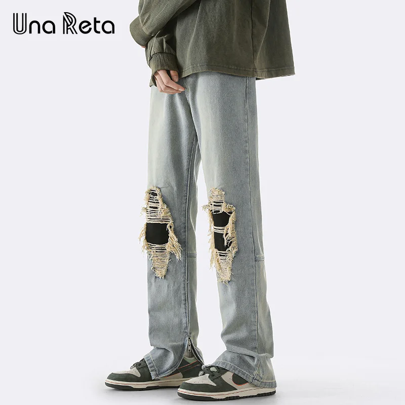 Una Reta-pantalones vaqueros rasgados para hombre, ropa de calle de Hip Hop, diseño con cremallera lateral, Harajuku, otoño