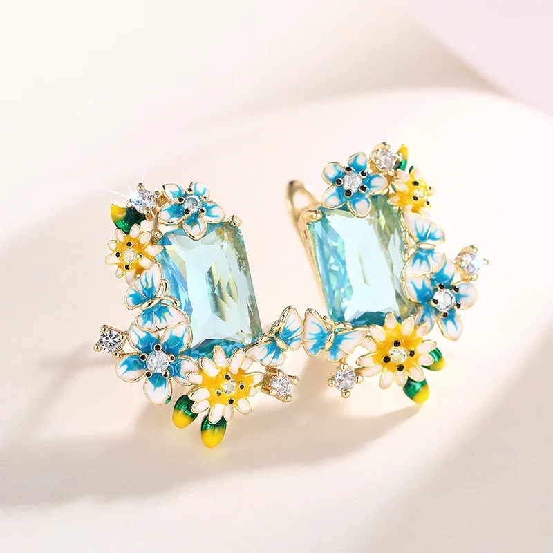 Huitan Blue Yellow Flowers Enamel Earrings with Big Sky Blue CZ Aesthetic Drop Earrings for Women Wedding Party Unique Jewelry