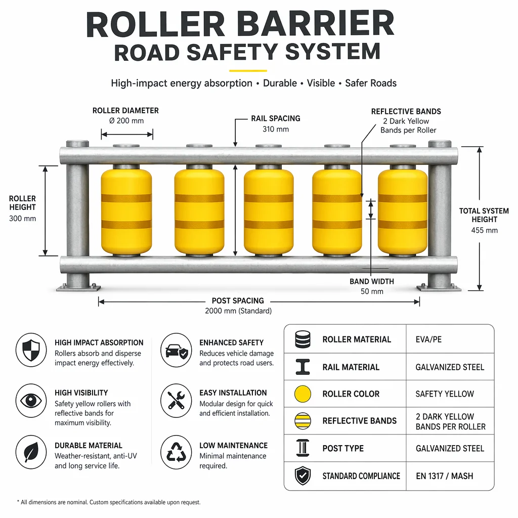 EVA Roller Guardrail Hot-Dip Galvanized Highway Roller Barrier Diamond Grade Reflective MASH TL4/SB Impact Rating for Vehicle