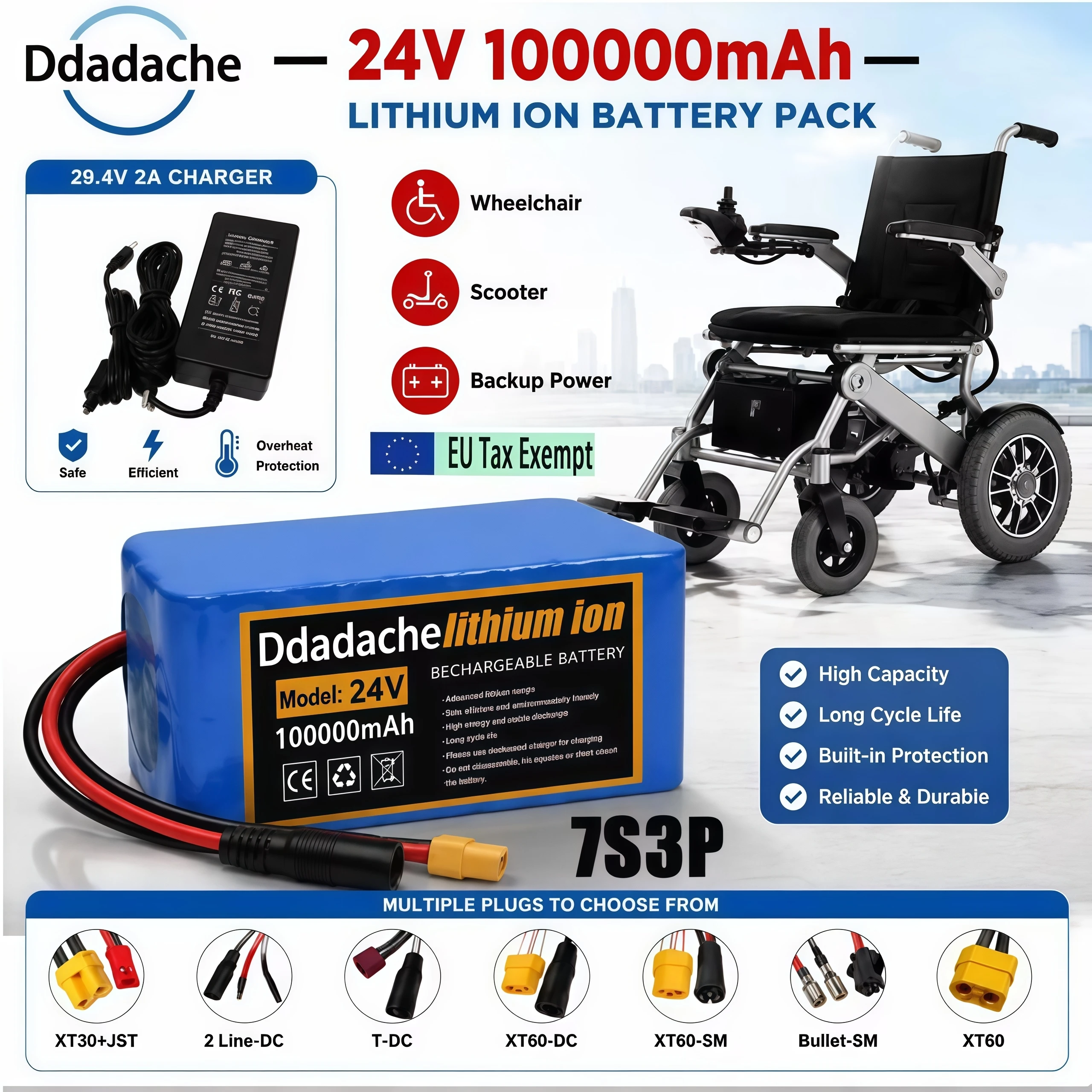Image of 24V 7S3P 100000mAh wiederaufladbarer Lithium-Akku, 500W Entladung, mit BMS+29,4V 2A Ladegerät, als Ersatzakku für Elektrofahrräder und leichte Motorräder verwendet