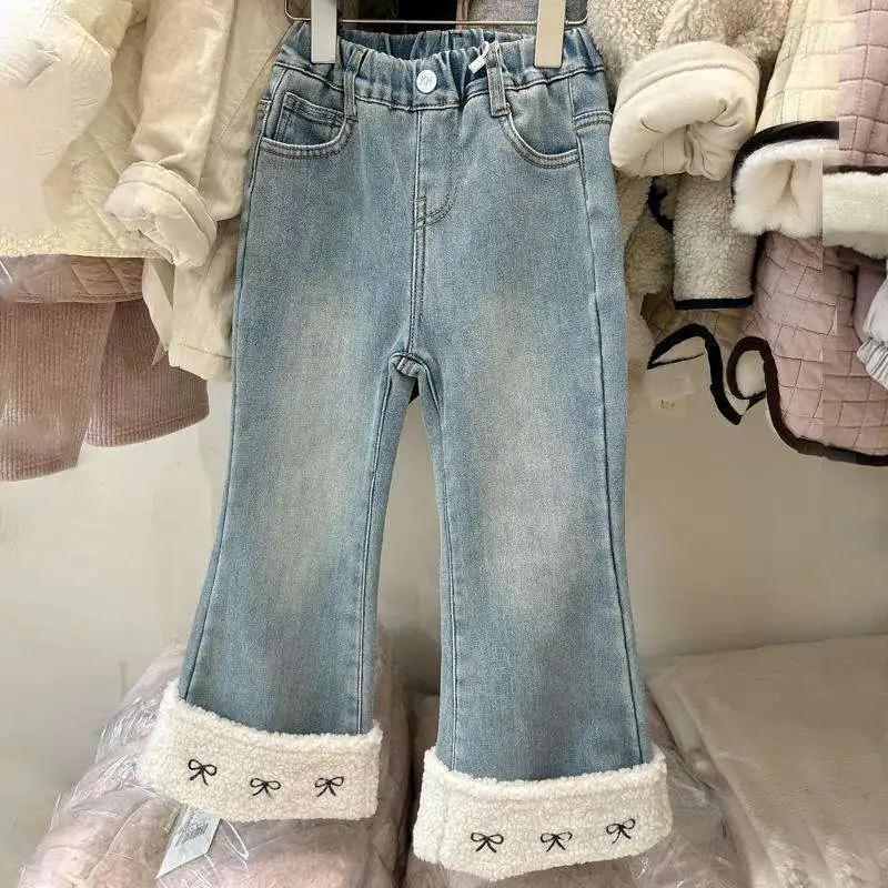 

Girls' jeans 2025 autumn/winter new Korean version stylish children's one-piece velvet casual pants flared pants long pants