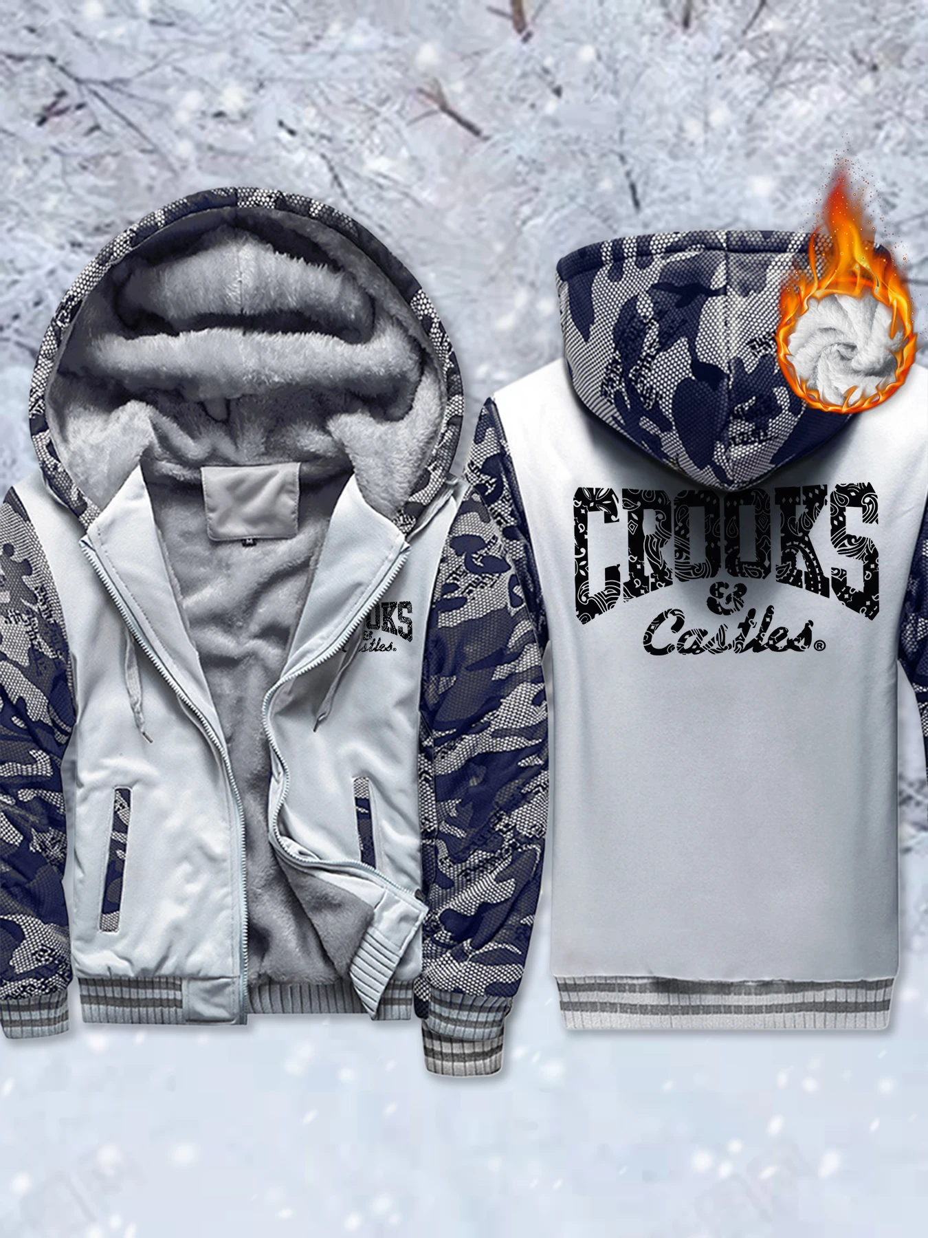 

Crooks Castles Printing Fleece Comfy Jackets Man Zip-Up Soft Tops Winter Thicken Outwear Warm Basics Veste Oversized Daily Hoody