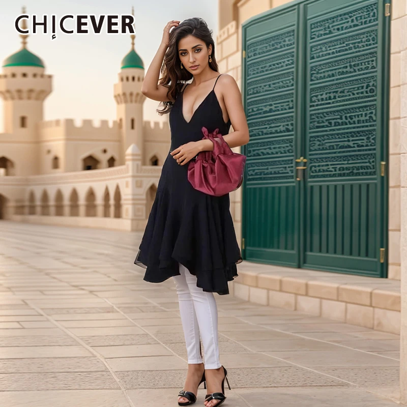 

CHICEVER Sexy Asymmetrical Camisole Dresses Female V Neck SleevelessHigh Waist Spliced Pleated Irregular Hem For Women Dress