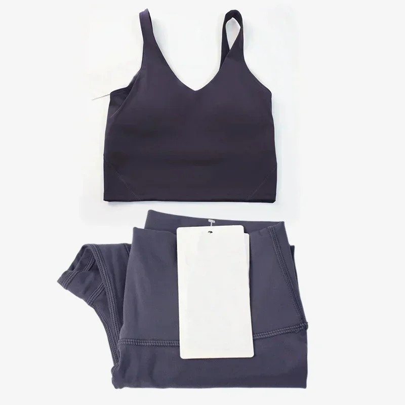 Conjunto clássico de ioga feminino de 2 peças: top tipo camisola em formato U e leggings de cintura alta com toque de segunda pele, adequado para fitn