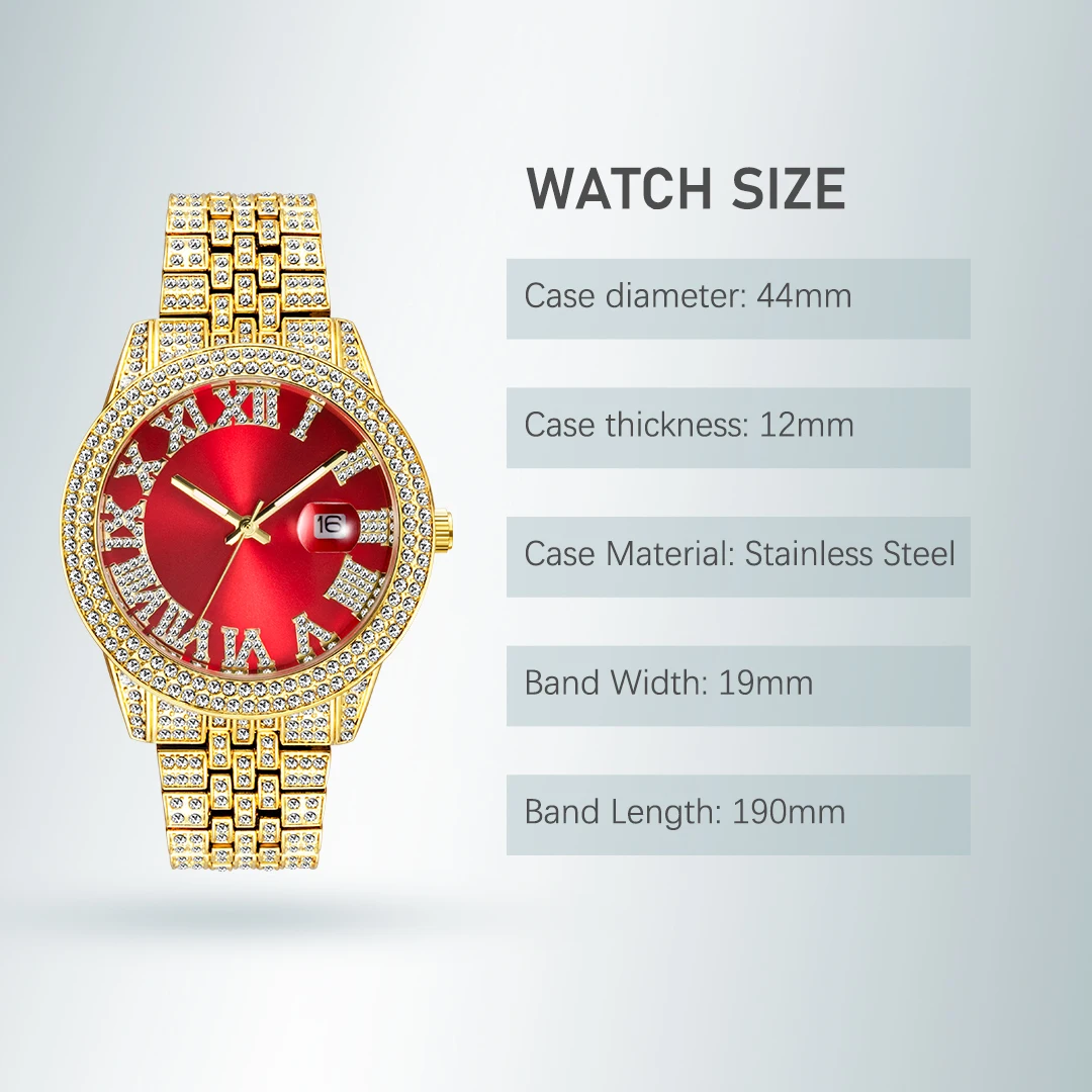 Women Men's Quartz Watches Iced Out Diamond Bling Red Watch For Male Female Couple Waterproof Calendar Lover Clock New In